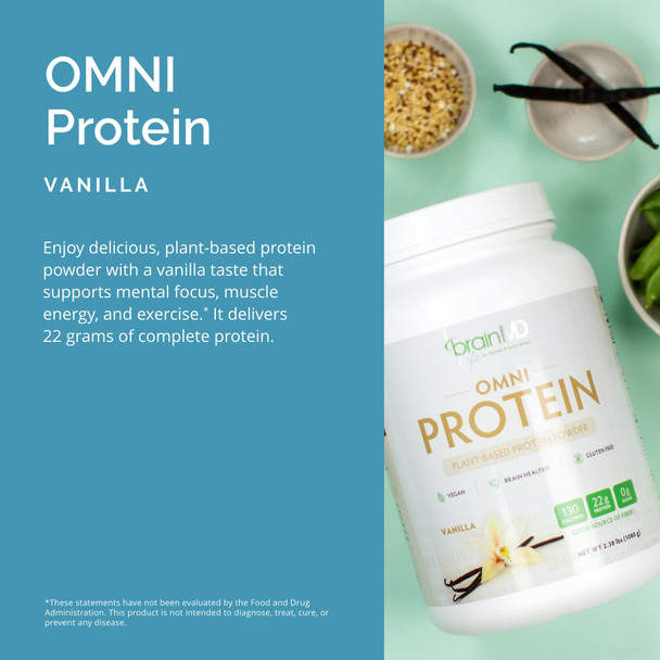 BRAINMD Dr Amen Omni Protein Vanilla - 2.38 lbs - Plant-Based Protein Powder - Promotes Energy & Exercise Recovery - Vegan Vegetarian Sugar Free Gluten Free - 30 Servings