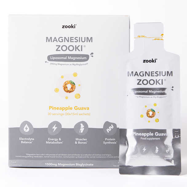 Zooki 1500mg Liposomal Magnesium Bis-Glycinate Liquid Sachets 200mg Elemental Magnesium | 4x Higher Absorption | Sleep Stress Muscle Function Cramps Heart Health (Pineapple Guava flavour 30x15ml)