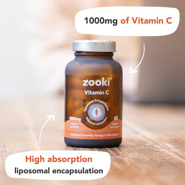 Zooki 1000mg Liposomal Vitamin C Capsules | 4X Higher Absorption | Ultimate Immunity Energy Skin Support | Vegan Natural Ingredients | (30 Servings)