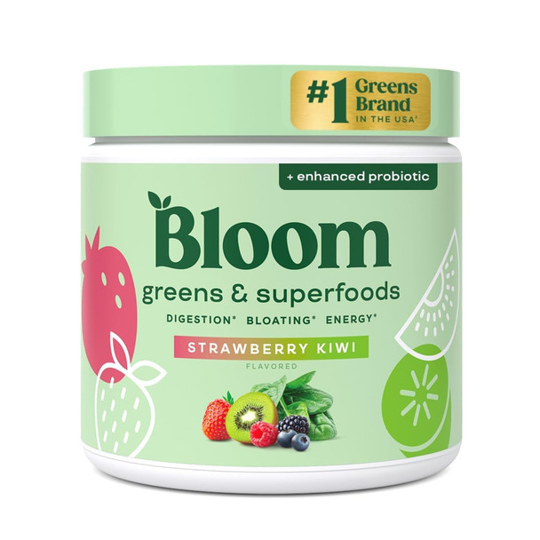 Bloom Nutrition Greens and Superfoods Powder for Digestive Healt hGreens Powder Digestive Enzymes Probiotics Spirulina Chlorella for Bloating & Gut Support Green Juice 30 SVG Strawberry Kiwi