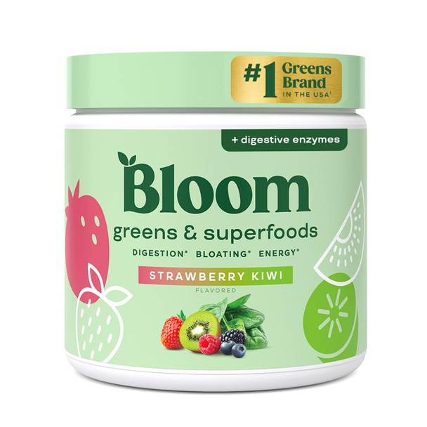 Bloom Nutrition Superfood Greens Powder Digestive Enzymes with Probiotics and Prebiotics Gut Health Bloating Relief Strawberry Kiwi + Milk Frother High Powered Hand Mixer