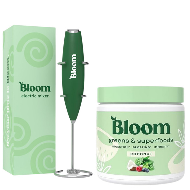 Bloom Nutrition Superfood Greens Powder Digestive Enzymes with Probiotics and Prebiotics Gut Health Bloating Relief Coconut + Milk Frother High Powered Hand Mixer