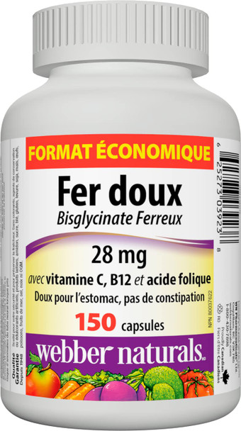 Webber Naturals Gentle Iron Supplement with Vitamin C B12 and Folic Acid 28 mg 150 Capsules StomachFriendly NonConstipating Helps Prevent Iron Deficiency Anemia