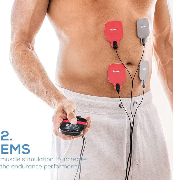 Beurer EM59 TENS/EMS Device with Heat 4 in1 TENS Unit EMS Muscle Stimulator EMS Massage and Heating Pad Therapy 70 Programs 50 Intensity Levels TENS Unit Muscle Stimulator with USB Charge