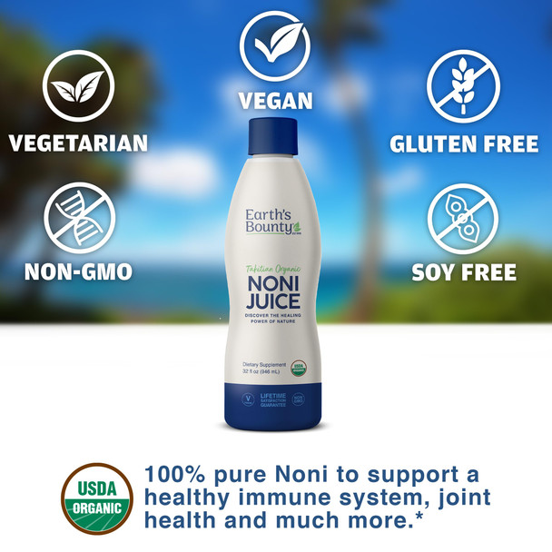 Earth's Bounty Tahitian Organic Noni Juice - 32 fl.oz - 100% Pure Natural Immune & Joint Support - Organic Kosher Noni Juice - No Additives