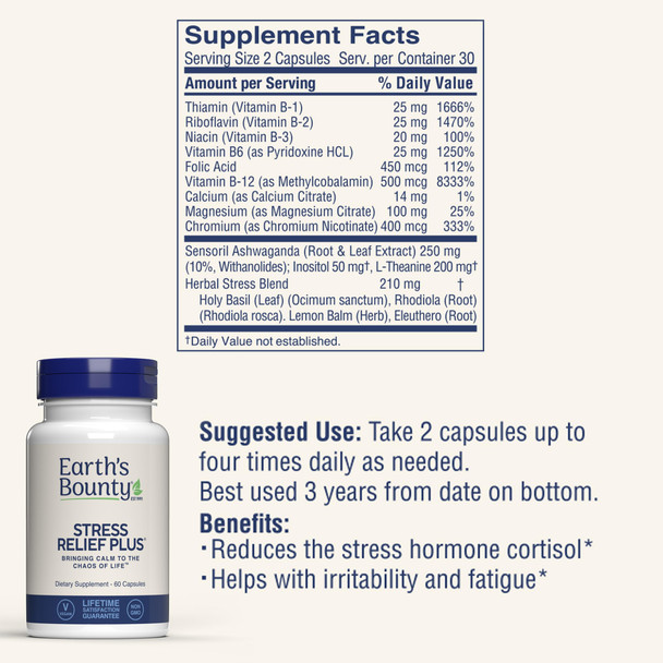 Earth's Bounty - Stress Relief Plus - 60 Vegetarian Capsules - All Natural Formula - Stress Support & Mood Enhancing Supplement - Promotes Calmness