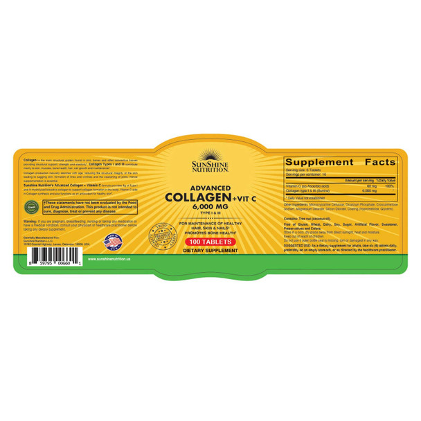 Sunshine Nutrition Advanced Collagen + Vitamin C 6000Mg 100 Tablets For Hair Skin Nail and Bone Health  Dietary Supplement