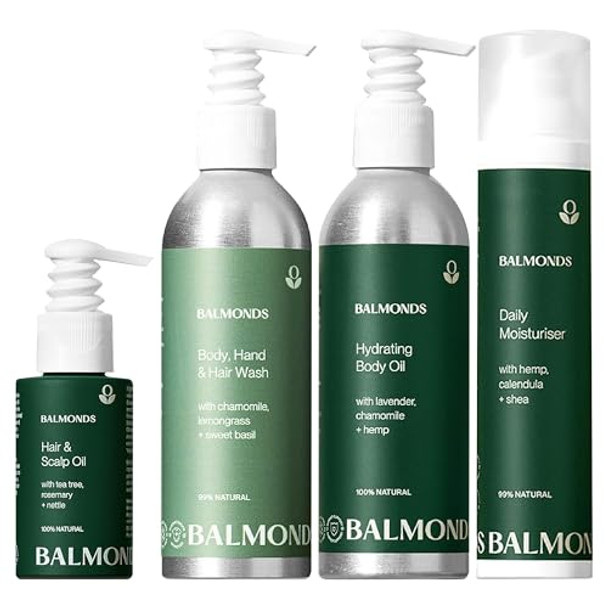 Balmonds Natural Skincare Set – Shampoo & Body Wash Moisturizing Cream Bath & Body Oil And Scalp Oil – 100% Natural Fragrance- Vegan & Cruelty- – For Dry & Sensitive Skin