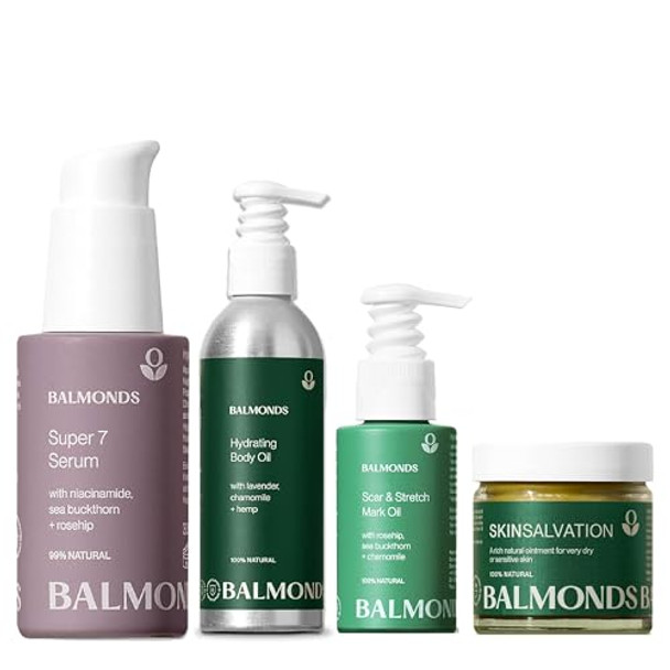 Balmonds Ultimate Skincare Set – Rosehip Scar Oil Bath & Body Oil Skin Salvation Balm & Super 7 Serum – 100% Natural Vegan & Cruelty- – Hydrating & Nourishing For Dry Sensitive & Fragile Skin