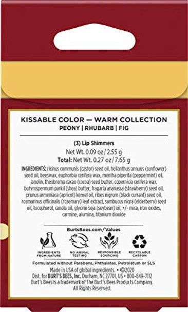 Burt'S Bees Kissable Color Holiday Set 3 Lip Shimmers In Festive Box Warm Collection In Peony Fig And Rhubarb