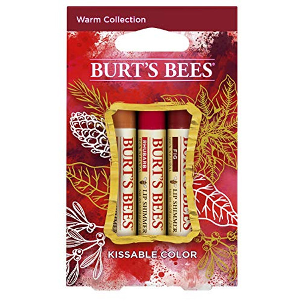 Burt'S Bees Kissable Color Holiday Set 3 Lip Shimmers In Box Warm Collection In Peony Fig And Rhubarb