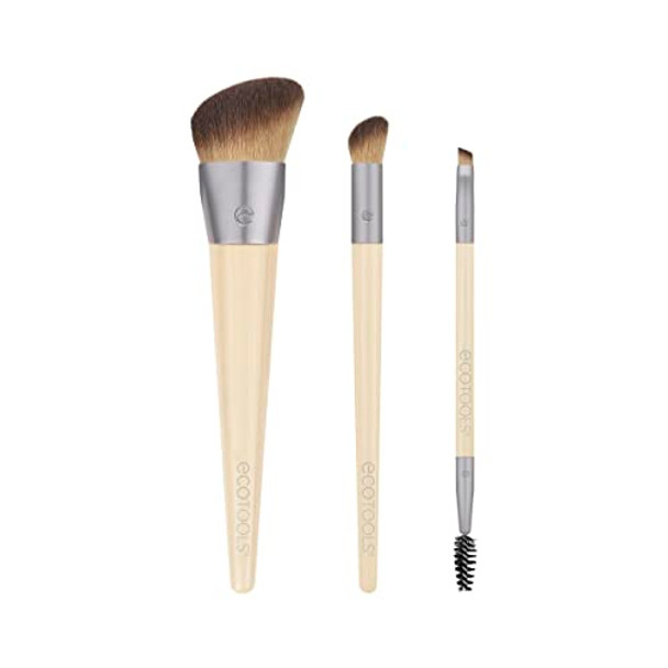 Ecotools Natural Conceal Enhance & Sculpt Trio Makeup Brushes For Foundation Concealer & Brows Dense Synthetic Bristles For Sculpting Face Vegan & Cruelty- 3 Piece Set
