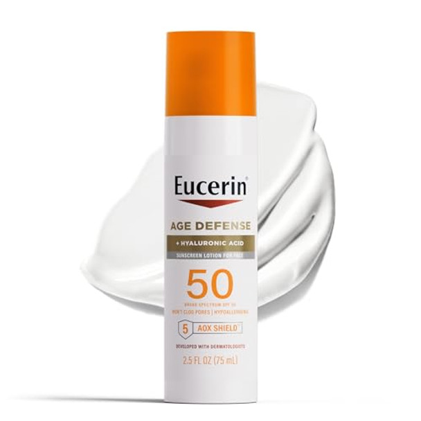 Eucerin Sun Age Defense Spf 50 Face Sunscreen Lotion Hypoallergenic Fragrance Sunscreen Spf 50 With Hyaluronic Acid 2.5 Fl Oz Bottle