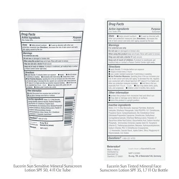 Eucerin Sun Sensitive Mineral Sunscreen Lotion Spf 50 (4 Fl Oz) + Sensitive Mineral Tinted Sunscreen For Face Spf 35 (1.7 Fl Oz) Fragrance Zinc Oxide Protection