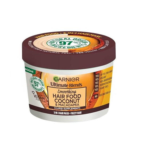 Garnier Hair Food 3-In-1 Hair Treatment Mask Smooths And Nourishes For Frizzy & Curly Hair No Silicones Vegan Formula Coconut Oil Ultimate Blends 400Ml (Packing And Ingredients May Vary)