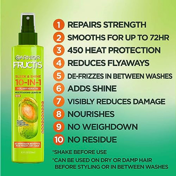 Garnier Fructis Sleek & Shine 10-In-1 For Frizzy Dry Hair Plant Keratin 8.1 Fl Oz 1 Count (Packaging May Vary)