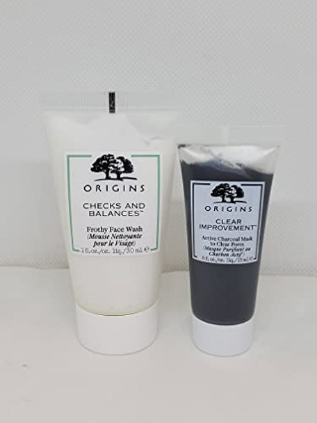 Origins Travel Set: Check And Balance Frothy Face Wash 30 Ml/1 Oz+ Origins Clear Improvement Active Charcoal Mask To Clear Pores 15 Ml/0.5 Oz
