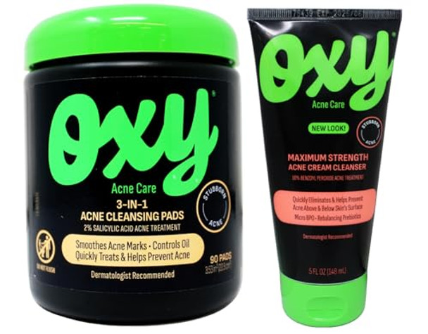 Oxy Acne Care Kit: 3-In-1 Cleansing Pads With 2% Salicylic Acid 90 Pads + Maximum Strength Acne Cream Cleanser With 10% Benzoyl Peroxide 5 Fl Oz (1 Each)