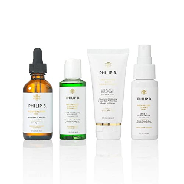 Philip B. 4 Step Discovery Kit - Includes Peppermint Avocado Shampoo Rejuvenating Oil Detangling Toning Mist & Lightweight Deep Conditioner 2 Fl Oz Each