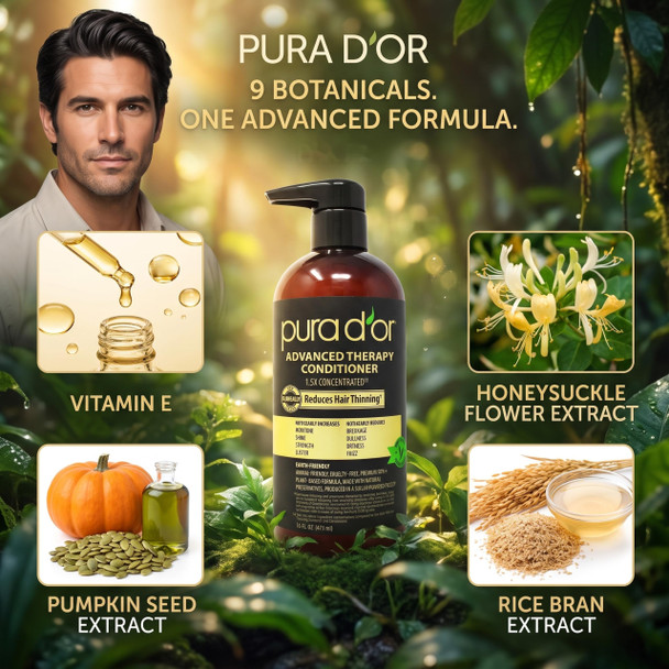 PURA D'OR Advanced Therapy Conditioner For Increased Moisture, Strength, Volume & Texture, No Sulfates, Contains Argan Oil & Biotin, All Hair Types, Men & Women, 16 Oz