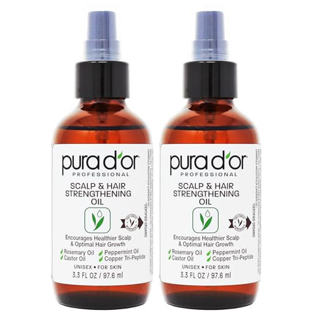 Pura D'Or Scalp & Hair Strengthening Oil (3.3Oz X2 = 6.6Oz) Supports Optimal Growth Reduce Breakage Nourish Roots For Healthier Fuller Thicker Hair - Rosemary Castor & Peppermint Oil