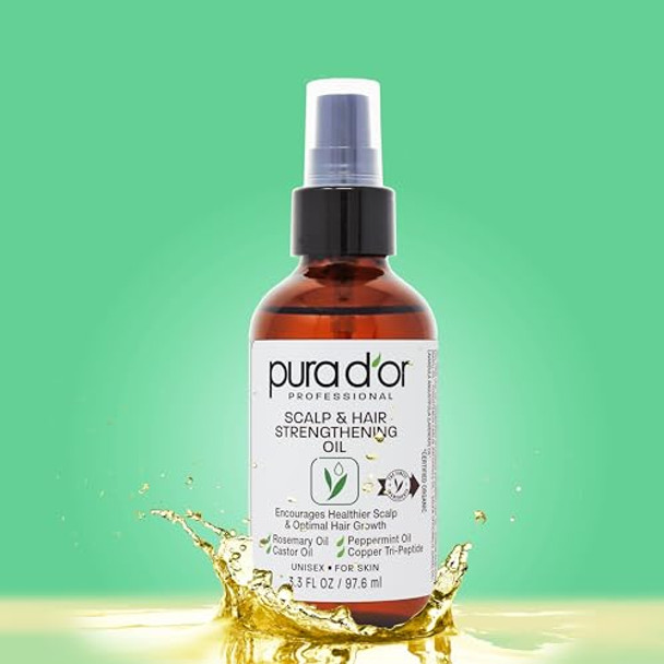 Pura D'Or Scalp & Hair Strengthening Oil (3.3Oz X2 = 6.6Oz) Supports Optimal Growth Reduce Breakage Nourish Roots For Healthier Fuller Thicker Hair - Rosemary Castor & Peppermint Oil