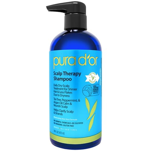Pura D'Or Therapy Shampoo (16Oz) Hydrates & Nourishes - Scalp Care Shampoo For Itchy Flaky Scalp W/ Tea Tree Peppermint Patchouli Cedarwood Clary Sage Argan Oil (Packaging May Vary)