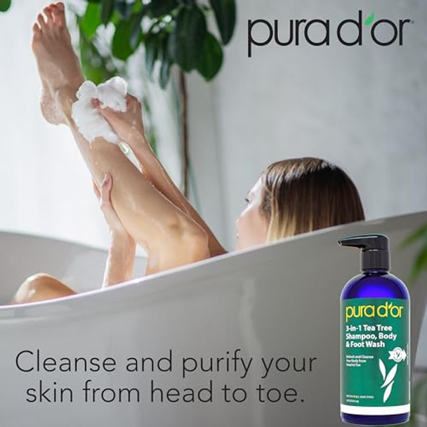 Pura D'Or 3-In-1 Tea Tree Shampoo Body & Foot Wash Shampoo (16Oz X2 = 32Oz) Total Body Care - Foot Odor & Daily Hygiene