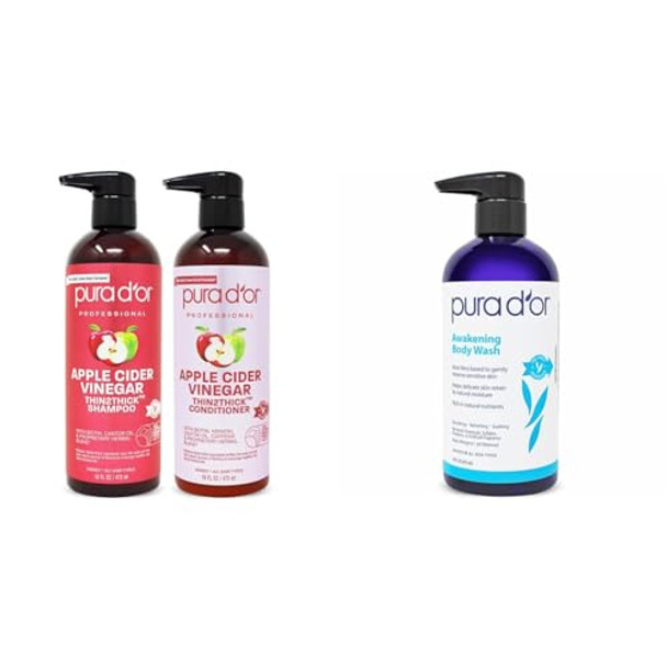 Pura D'Or Apple Cider Vinegar Thin2Thick Set (16Oz X 2) Acv Shampoo & Conditioner & Awakening Body Wash (16Oz) With Aloe Vera Chamomile Lavender Tea Tree And Natural