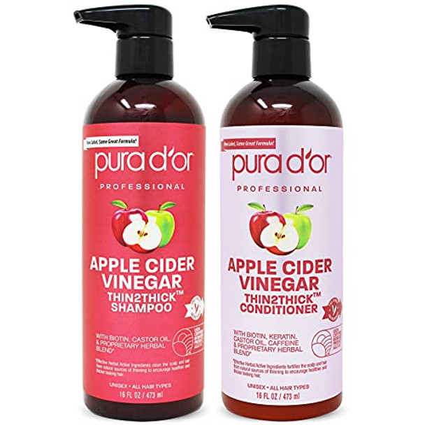 Pura D'Or Apple Cider Vinegar Thin2Thick Set (16Oz X 2) Acv Shampoo & Conditioner & Awakening Body Wash (16Oz) With Aloe Vera Chamomile Lavender Tea Tree And Natural