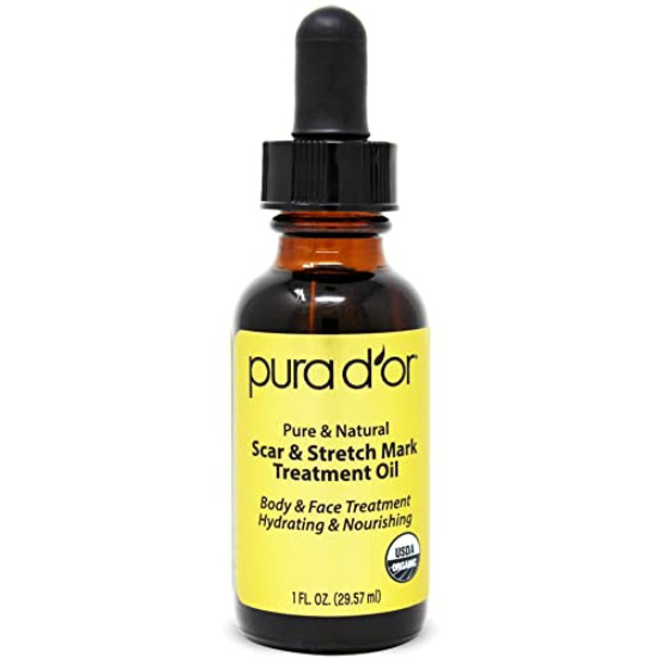 Pura D'Or Organic Scar & Stretch Mark Treatment Oil (1Oz) For Skin - With Rosehip Wheat Germ Argan Tamanu Carrot Rosemary Lavender Geranium Patchouli Sage