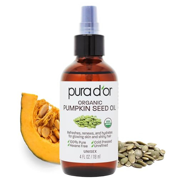 Pura D'Or 4 Oz Organic Pumpkin Seed Oil - 100% Pure Usda Premium Grade Body Oil & Hair Growth Serum - After Shower Body Oil For Women & Men - Cold Pressed Unrefined Hexane- Skin Oil