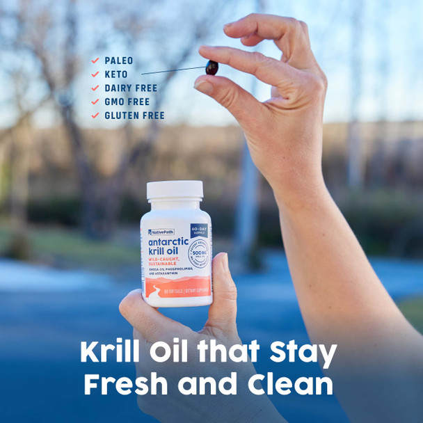 NativePath Antarctic Krill Oil - Wild-Caught Omega 3 Krill Oil 500mg Softgels with EPA DHA and Astaxanthin - Supplement for Joint Heart Brain and Immunity - 60 ct - No Fishy Aftertaste