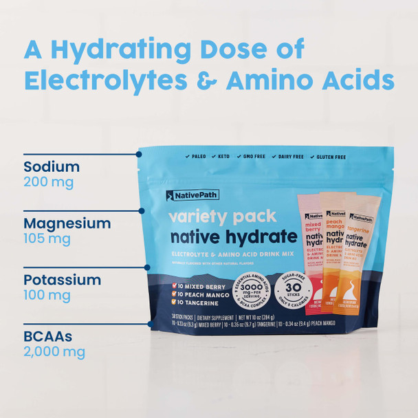 NativePath Native Hydrate Stick Packs with Electrolytes and Amino Acids Variety Pack Mixed Berry Peach Mango Tangerine 30 Servings