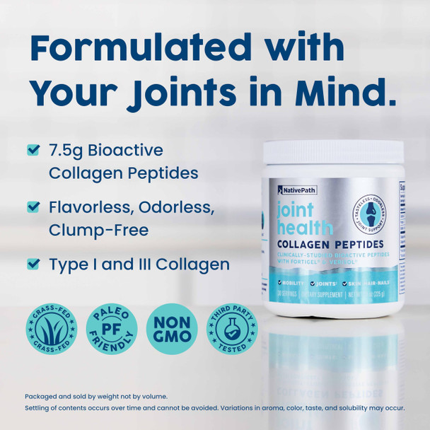 NativePath Joint Health Advanced Formula Type 1 & 3 Peptides with Fortigel & Verisol Grass-Fed Unflavored Collagen for Women & Men 30 Servings