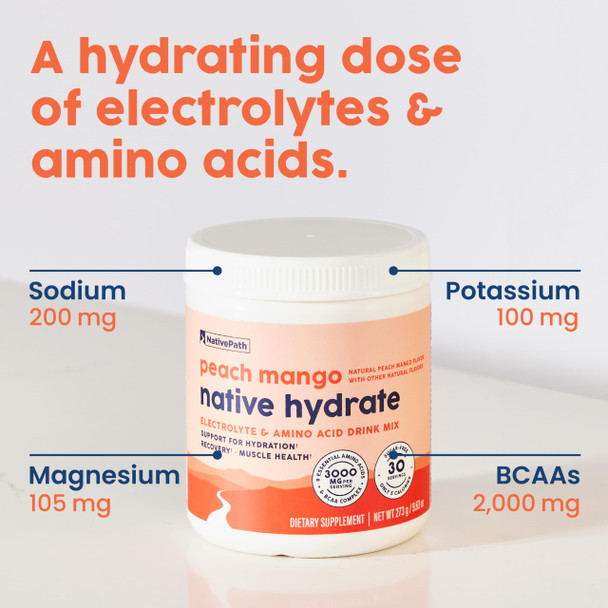 NativePath Native Hydrate Zero Sugar  Electrolytes Powder with BCAAs Peach Mango Hydration Keto & Paleo Friendly 30 Servings