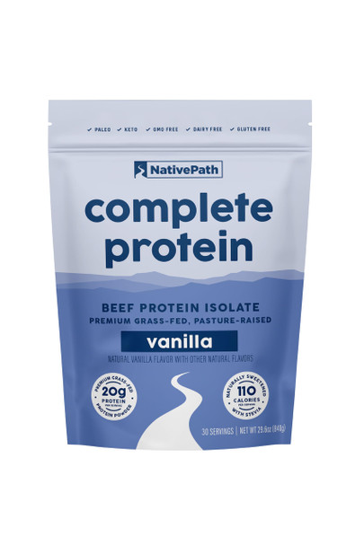 NativePath Complete Beef Protein Powder Isolate – Grass-Fed Pasture-Raised Dairy & Lactose Free Gluten Free Zero Sugar MCTs & Amino Acids – 20g Protein Vanilla Flavor 30 Servings