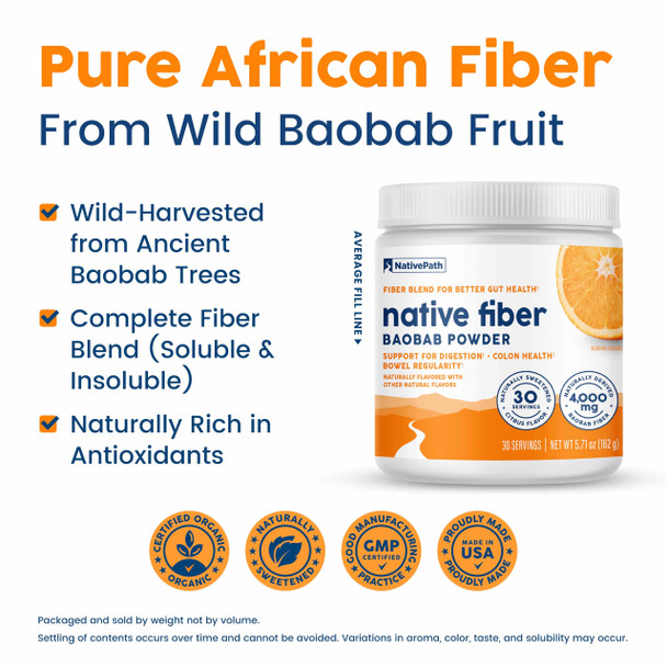 NativePath Organic Baobab Prebiotic Fiber Powder - Digestive Health Supplement - Natural Orange Flavor 30 Servings