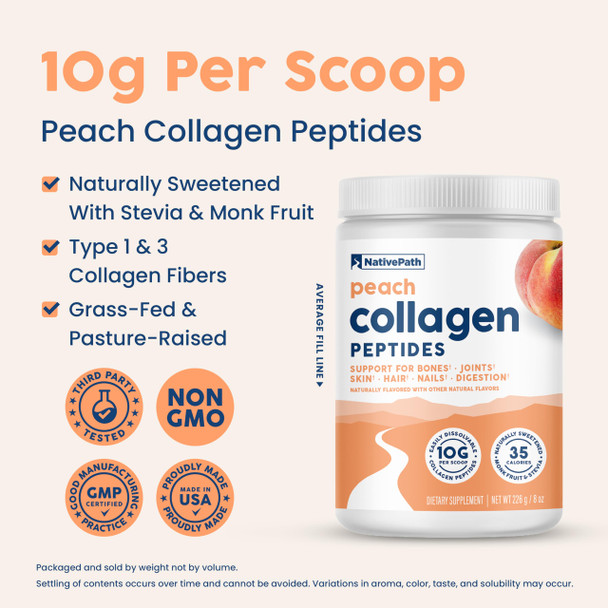 NativePath Collagen Peptides - Hydrolyzed Type 1 & 3 Collagen. Keto & Paleo Grass-Fed Protein Powder for Hair Skin Nails Bones Joints Digestion and More - No Gluten or Dairy (Peach 226g)