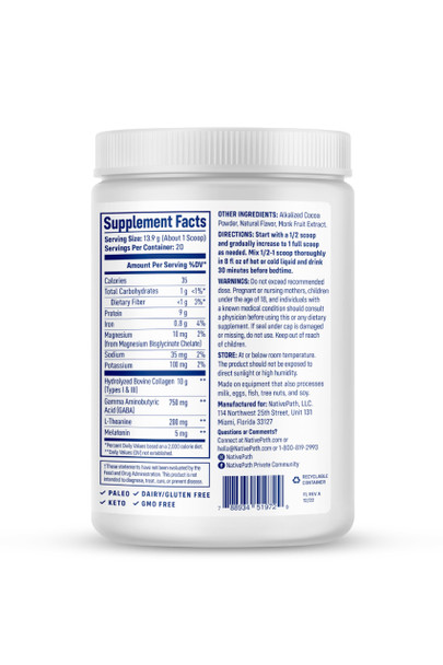 NativePath Collagen PM - Chocolate Nighttime Collagen Peptides Powder with Magnesium GABA L-Theanine and Melatonin - 20 Servings