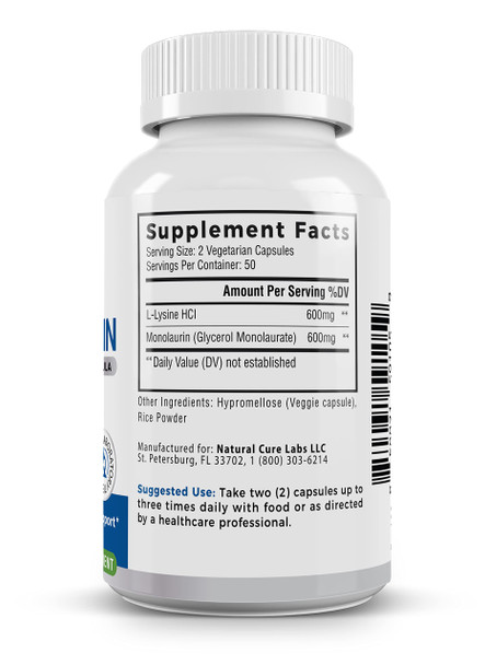 Palmara HealthL-Lysine + Monolaurin 600mg 1:1 Ratio 1 Pack 100 Capsules
