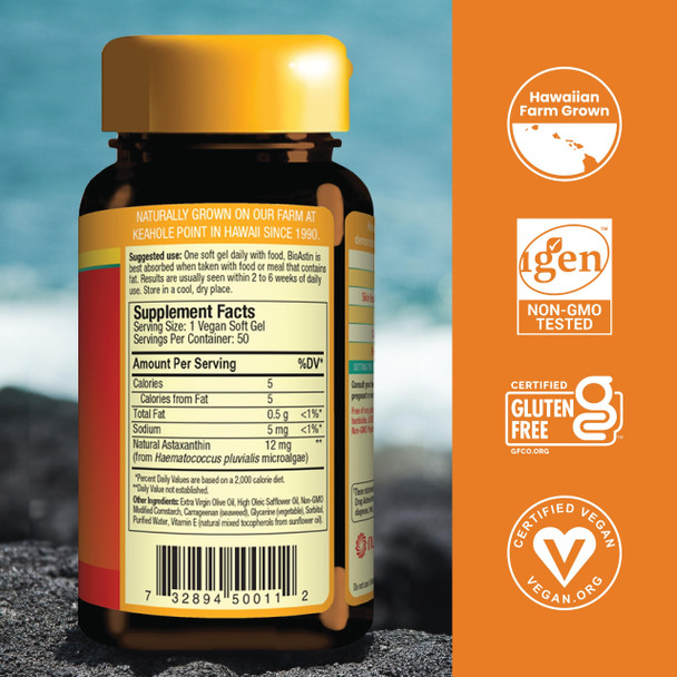 Nutrex Hawaii Vegan BioAstin Hawaiian Astaxanthin - 12mg 50 Softgels - Farm-Direct Premium Antioxidant Supplement to Support Eye Skin Joint & Immune System Health - Vegan Non-GMO & Gluten-Free