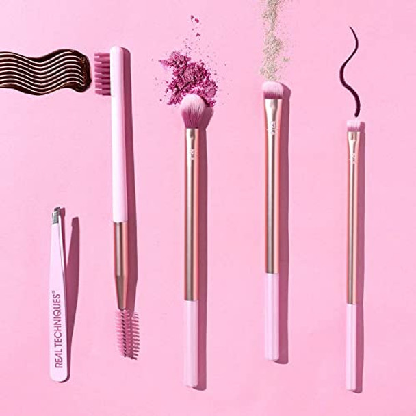 Real Techniques Naturally Beautiful Eye Set By Real Techniques For Women - 5 Pc Tapered Shadow Brush - 355 Brow Highlighter Brush - 354 Flat Liner Brush - 326 Brow Duo Brush - 353 Fine Point Tweezer