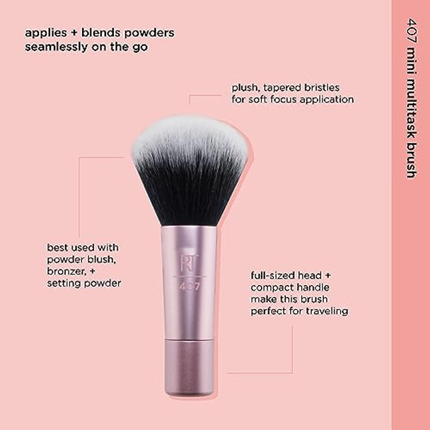 Real Techniques Mini Multitask Makeup Brush For Blush Bronzer & Powder Face Brush With Custom-Cut Synthetic Bristles For Loose & Pressed Powder Travel Sized Vegan & Cruelty- 1 Count