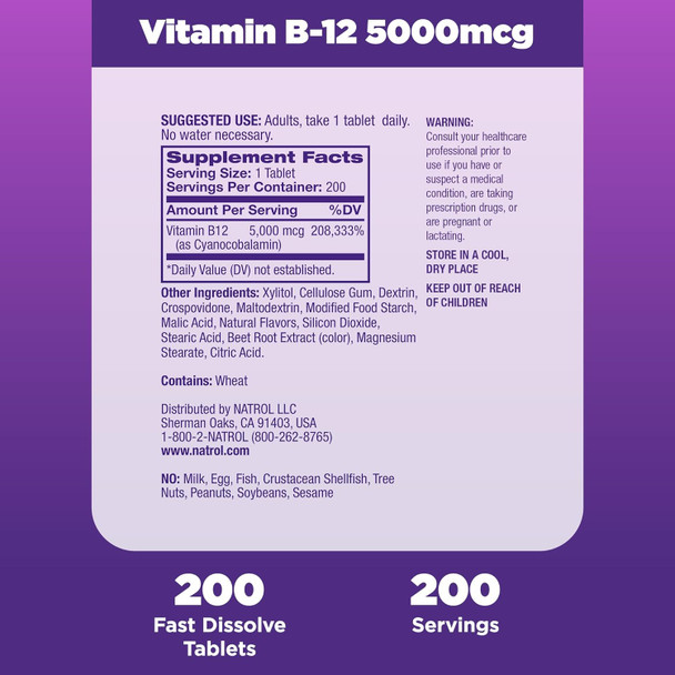 Natrol B12 Vitamins 5000 mcg Fast Dissolve Vitamin B12 Supplement Supports a Healthy Nervous System and Energy Metabolism 200 Tablets