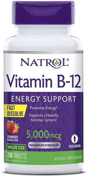 Natrol Vitamin B12 Fast Dissolve Tablets, Promotes Energy, Supports a Healthy Nervous System, Maximum Strength, Strawberry Flavor, 5,000mcg, 200 Count