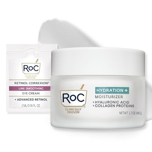 Roc Hydration+ Hyaluronic Acid Moisturizer Face Cream Hydrating Smoothing Fragrance Formula With Collagen Proteins (1.7 Ounces) With Retinol Eye Cream Packette