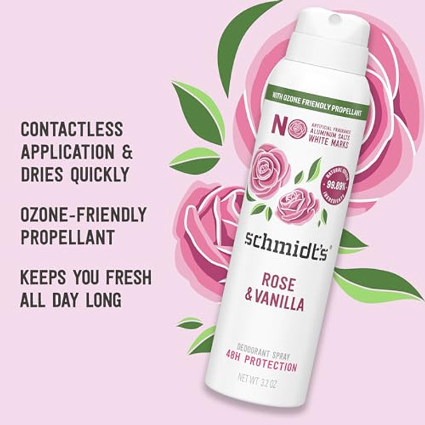 Schmidt'S Natural Deodorant Spray Rose & Vanilla For Women And Men 48H Odor Protection No Aluminum Salts No White Marks Cruelty Vegan Deodorant 3.2 Oz