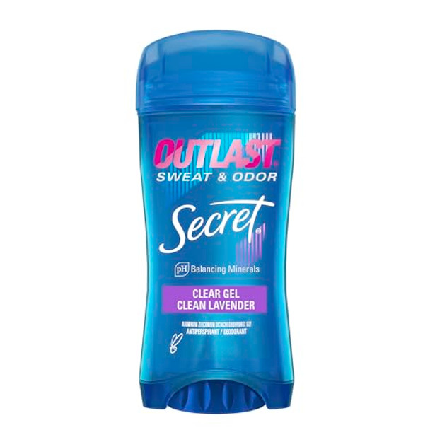 Secret Outlast Antiperspirant Deodorant For Women 72Hr Sweat & Odor Protection Ph Balancing Minerals Clear Gel Clean Lavender Scent 2.6 Oz