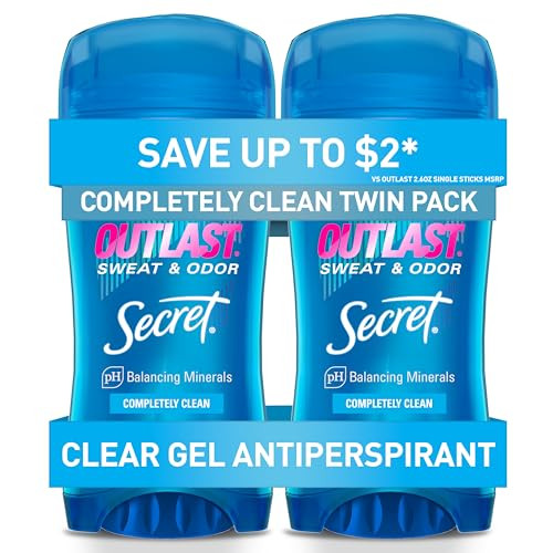 Secret Outlast Antiperspirant Deodorant For Women 72Hr Sweat & Odor Protection Ph Balancing Minerals Clear Gel Completely Clean Scent 2.6 Oz (Pack Of 2)